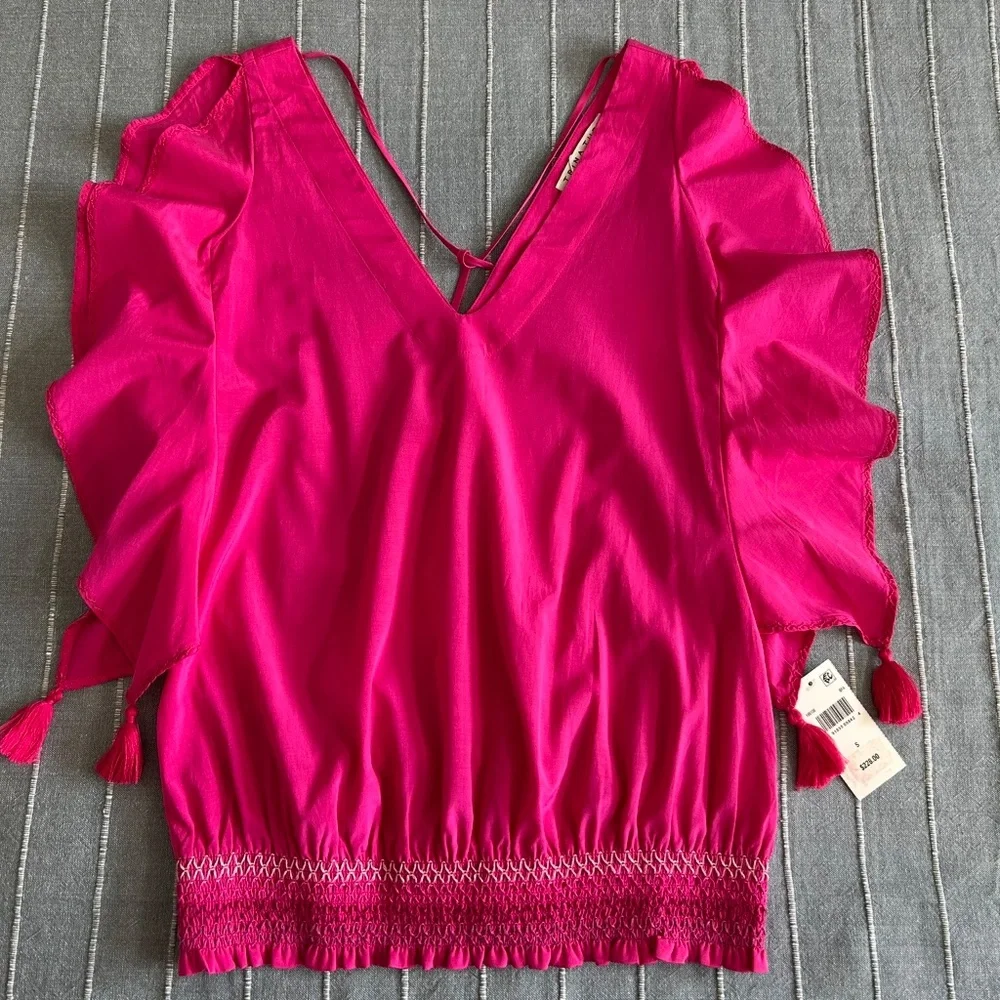 Trina Turk Bright Pink Cancun Ruffled Silk Cotton Smocked Top Sz.S New With Tags - Picture 5 of 9